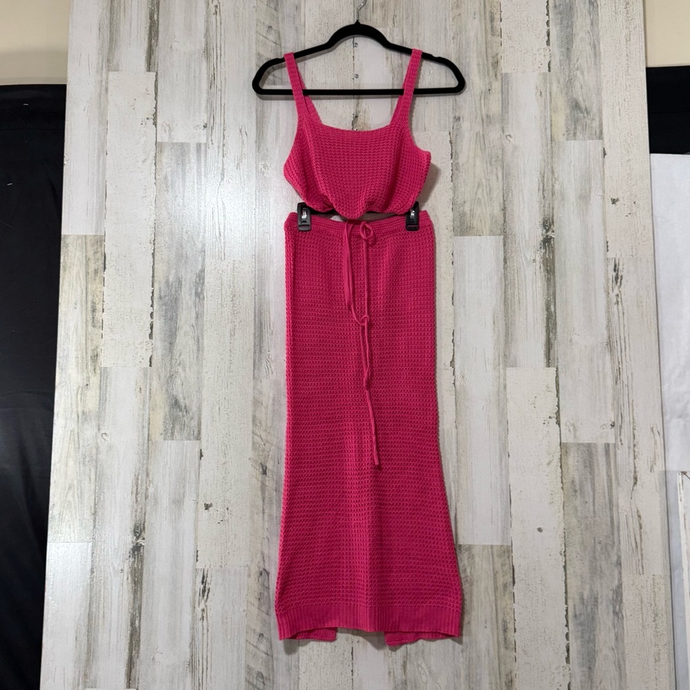 Two Piece Pink Knit Maxi Skirt and Cropped Sleeveless Top Knit Cover Up - Picture 1 of 16